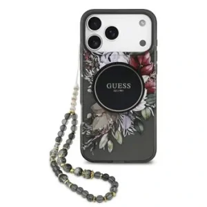 Husă spate Guess IML Flowers Strap MagSafe pentru iPhone 17 Pro Max, neagră