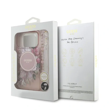 Husă spate Guess IML Flowers Strap MagSafe pentru iPhone 17 Pro Max, roz