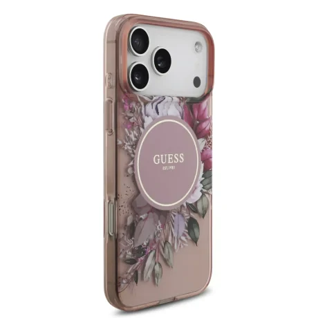 Husă spate Guess IML Flowers Strap MagSafe pentru iPhone 17 Pro Max, roz