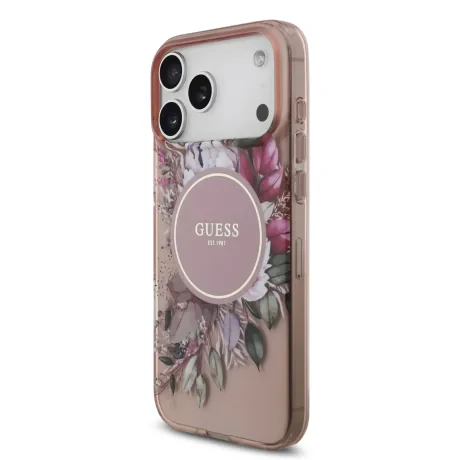 Husă spate Guess IML Flowers Strap MagSafe pentru iPhone 17 Pro Max, roz