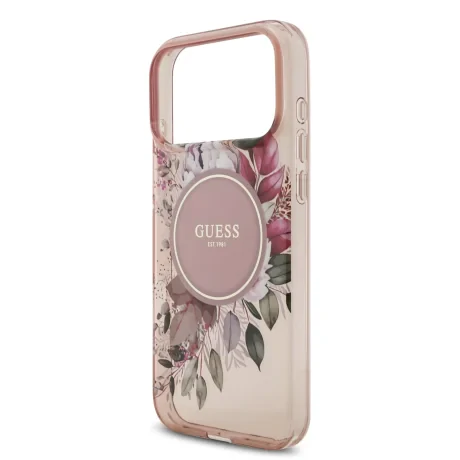 Husă spate Guess IML Flowers Strap MagSafe pentru iPhone 17 Pro Max, roz