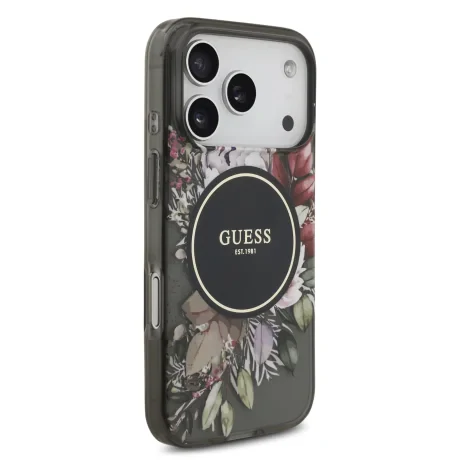 Husă spate Guess IML Flowers Strap MagSafe pentru iPhone 17 Pro, neagră