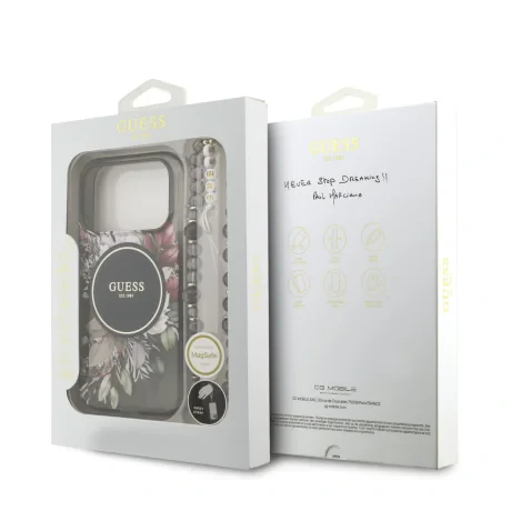 Husă spate Guess IML Flowers Strap MagSafe pentru iPhone 17 Pro, neagră