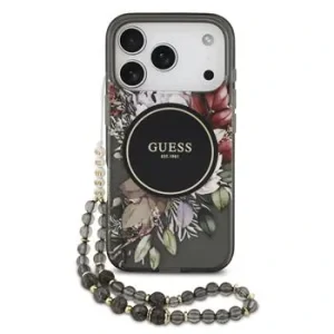 Husă spate Guess IML Flowers Strap MagSafe pentru iPhone 17 Pro, neagră