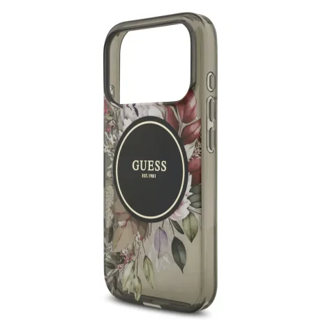 Husă spate Guess IML Flowers Strap MagSafe pentru iPhone 17 Pro, neagră