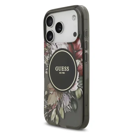 Husă spate Guess IML Flowers Strap MagSafe pentru iPhone 17 Pro, neagră