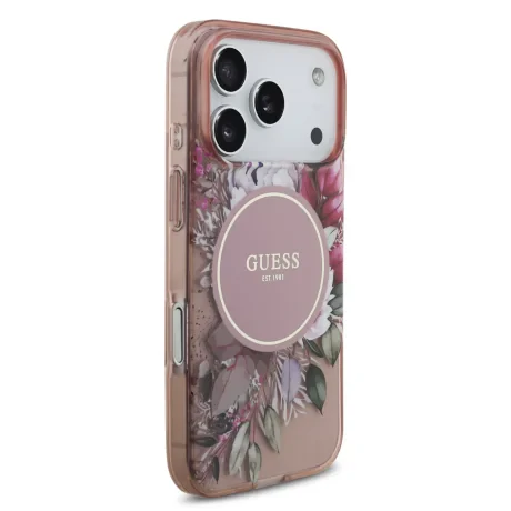 Husa spate Guess IML Flowers Strap MagSafe pentru iPhone 17 Pro, roz