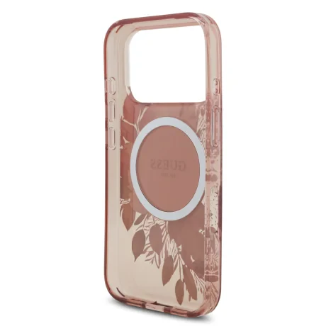 Husa spate Guess IML Flowers Strap MagSafe pentru iPhone 17 Pro, roz