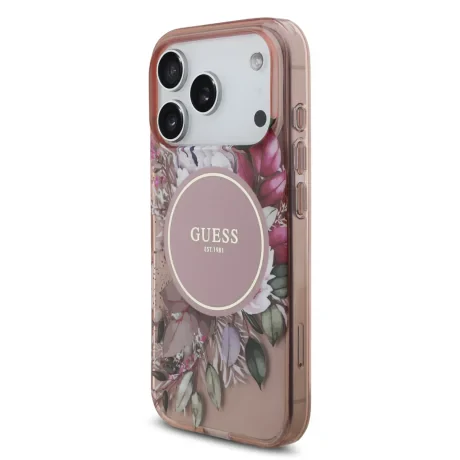 Husa spate Guess IML Flowers Strap MagSafe pentru iPhone 17 Pro, roz