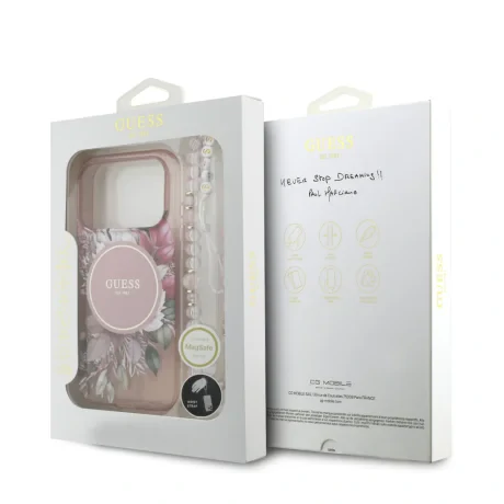 Husa spate Guess IML Flowers Strap MagSafe pentru iPhone 17 Pro, roz