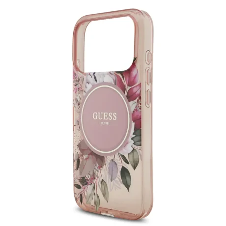 Husa spate Guess IML Flowers Strap MagSafe pentru iPhone 17 Pro, roz