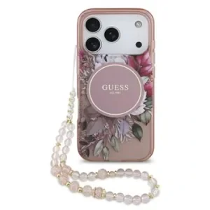 Husa spate Guess IML Flowers Strap MagSafe pentru iPhone 17 Pro, roz