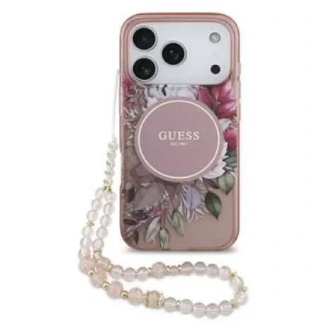 Husa spate Guess IML Flowers Strap MagSafe pentru iPhone 17 Pro, roz