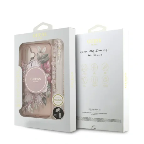 Husa spate Guess IML Flowers Strap MagSafe pentru iPhone 17, roz