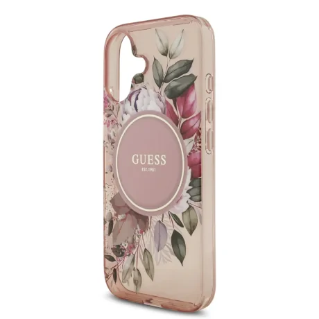 Husa spate Guess IML Flowers Strap MagSafe pentru iPhone 17, roz