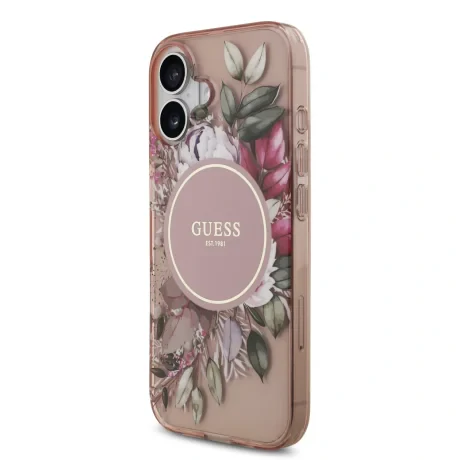 Husa spate Guess IML Flowers Strap MagSafe pentru iPhone 17, roz