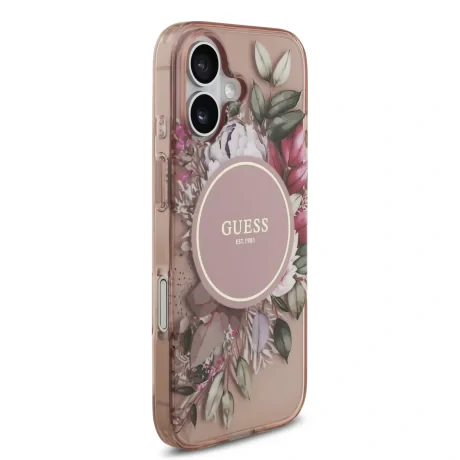 Husa spate Guess IML Flowers Strap MagSafe pentru iPhone 17, roz