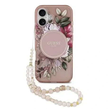 Husa spate Guess IML Flowers Strap MagSafe pentru iPhone 17, roz