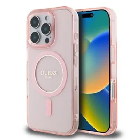 Husă spate Guess IML Glitter Ring MagSafe pentru iPhone 16 Pro, roz