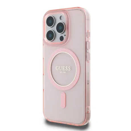 Husă spate Guess IML Glitter Ring MagSafe pentru iPhone 16 Pro, roz