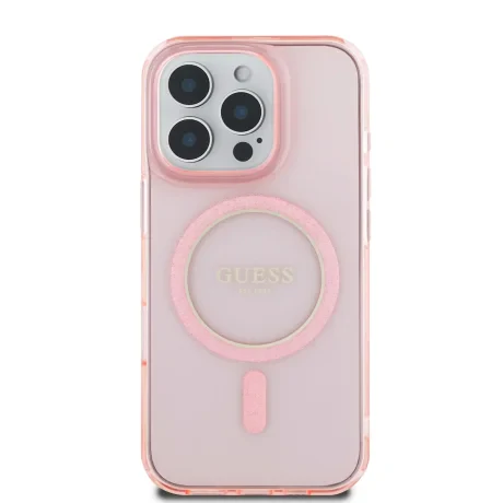 Husă spate Guess IML Glitter Ring MagSafe pentru iPhone 16 Pro, roz