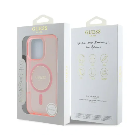 Husă spate Guess IML Glitter Ring MagSafe pentru iPhone 16 Pro, roz