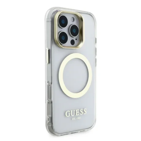 Husă spate Guess IML Gold Outline cu suport pentru cameră, MagSafe, transparentă, pentru iPhone 16 Pro Max