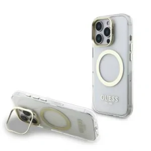 Husă spate Guess IML Gold Outline cu suport pentru cameră, MagSafe, transparentă, pentru iPhone 16 Pro Max