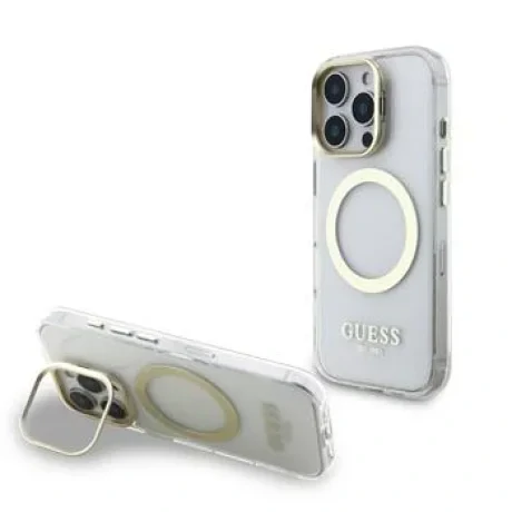 Husă spate Guess IML Gold Outline cu suport pentru cameră, MagSafe, transparentă, pentru iPhone 16 Pro Max