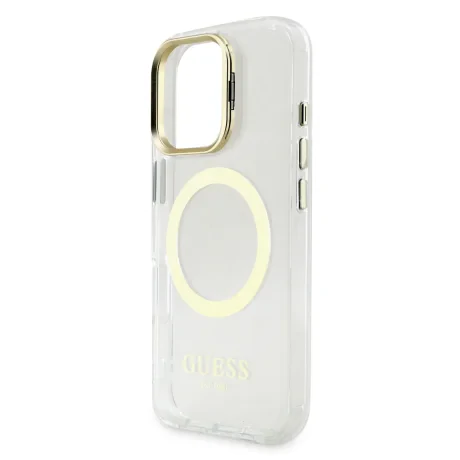 Husă spate Guess IML Gold Outline cu suport pentru cameră, MagSafe, transparentă, pentru iPhone 16 Pro Max