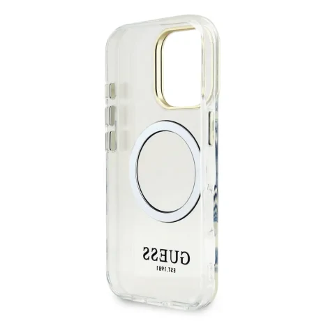 Husă spate Guess IML Gold Outline cu suport pentru cameră, MagSafe, transparentă, pentru iPhone 16 Pro Max