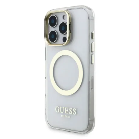 Husă spate Guess IML Gold Outline cu suport pentru cameră, MagSafe, transparentă, pentru iPhone 16 Pro Max
