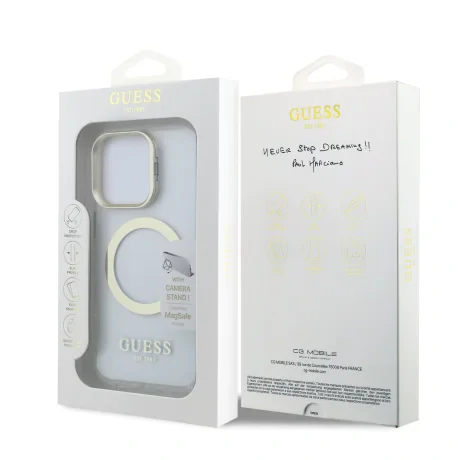 Husă spate Guess IML Gold Outline cu suport pentru cameră, MagSafe, transparentă, pentru iPhone 16 Pro Max