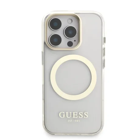 Husă spate Guess IML Gold Outline cu suport pentru cameră, MagSafe, transparentă, pentru iPhone 16 Pro Max