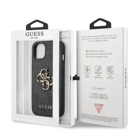 Husă spate Guess PU 4G cu logo metalic pentru iPhone 13, gri