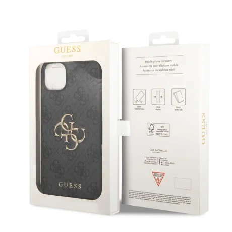 Husă spate Guess PU 4G cu logo metalic pentru iPhone 15, gri