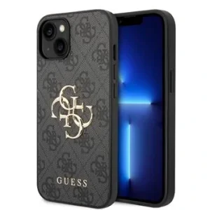 Husă spate Guess PU 4G cu logo metalic pentru iPhone 15, gri