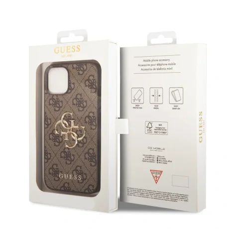 Husă spate Guess PU 4G cu logo metalic pentru iPhone 15, maro