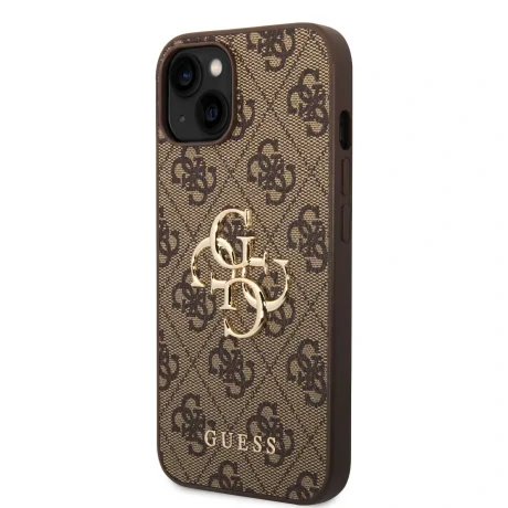 Husă spate Guess PU 4G cu logo metalic pentru iPhone 15, maro