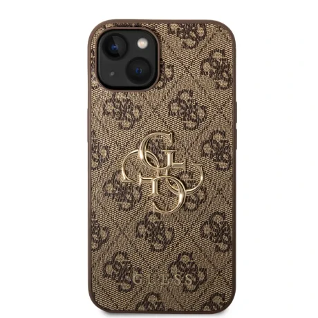 Husă spate Guess PU 4G cu logo metalic pentru iPhone 15, maro