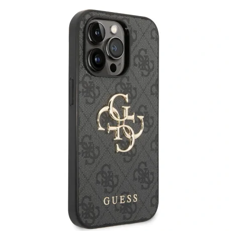 Husă spate Guess PU 4G cu logo metalic pentru iPhone 15 Pro, gri