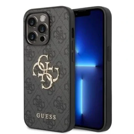 Husă spate Guess PU 4G cu logo metalic pentru iPhone 15 Pro, gri