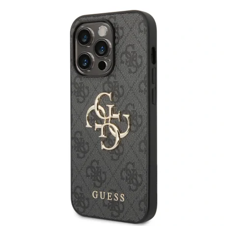 Husă spate Guess PU 4G cu logo metalic pentru iPhone 15 Pro, gri