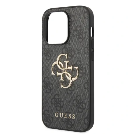 Husă spate Guess PU 4G cu logo metalic pentru iPhone 15 Pro, gri