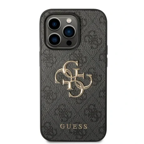 Husă spate Guess PU 4G cu logo metalic pentru iPhone 15 Pro, gri