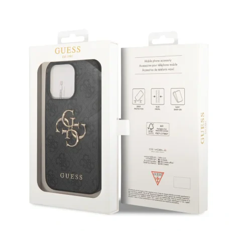 Husă spate Guess PU 4G cu logo metalic pentru iPhone 15 Pro, gri