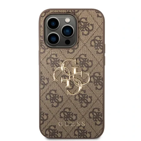 Husă spate Guess PU 4G cu logo metalic pentru iPhone 15 Pro, maro