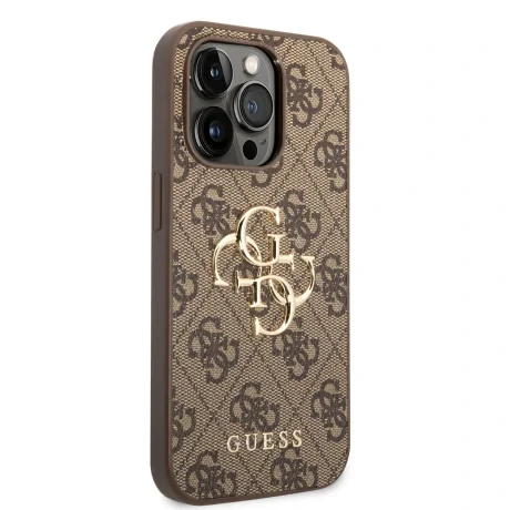 Husă spate Guess PU 4G cu logo metalic pentru iPhone 15 Pro, maro