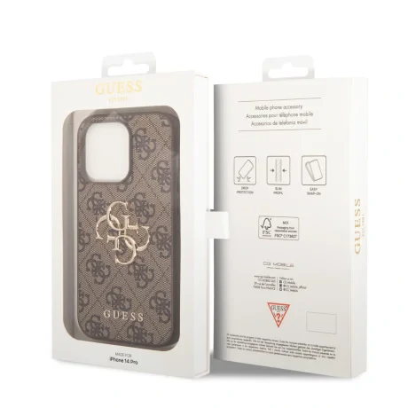 Husă spate Guess PU 4G cu logo metalic pentru iPhone 15 Pro, maro