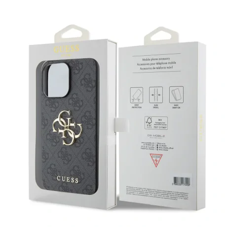 Husă spate Guess PU 4G cu logo metalic pentru iPhone 15 Pro Max, gri